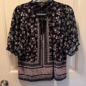 Lucky Brand Black and Cream Floral Tie-Front Blouse
